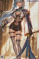 A woman with long blue hair holding a sword.