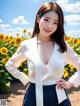 A woman standing in a field of sunflowers wearing a white blouse.