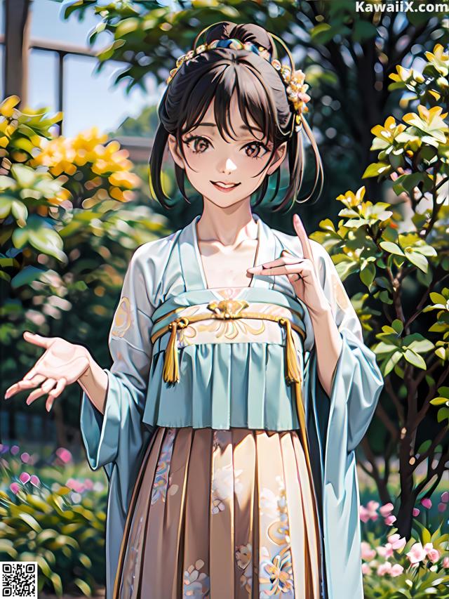 A woman in a blue kimono standing in front of a tree.