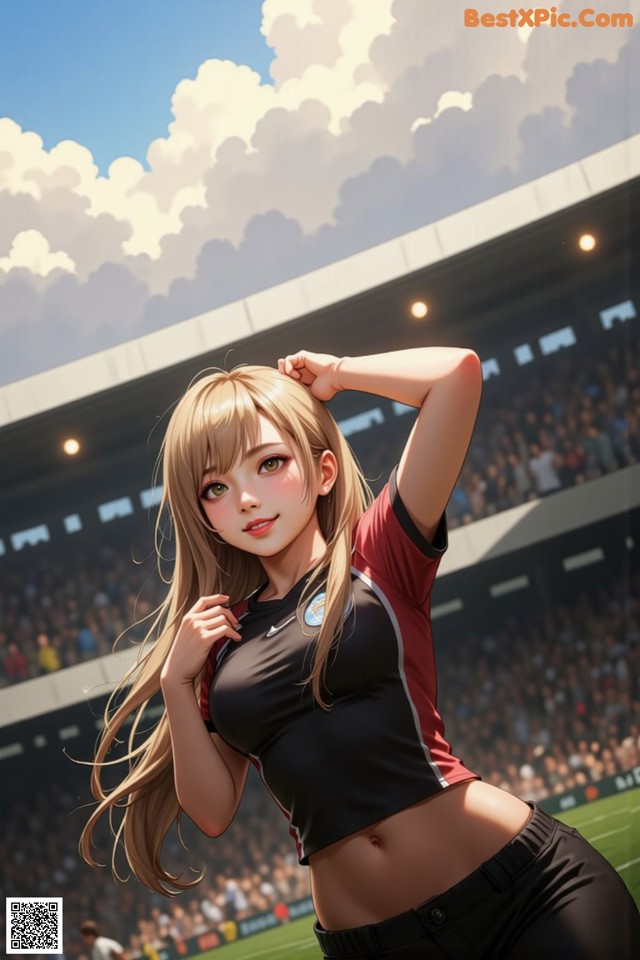 A woman in a black and red shirt standing on a soccer field.