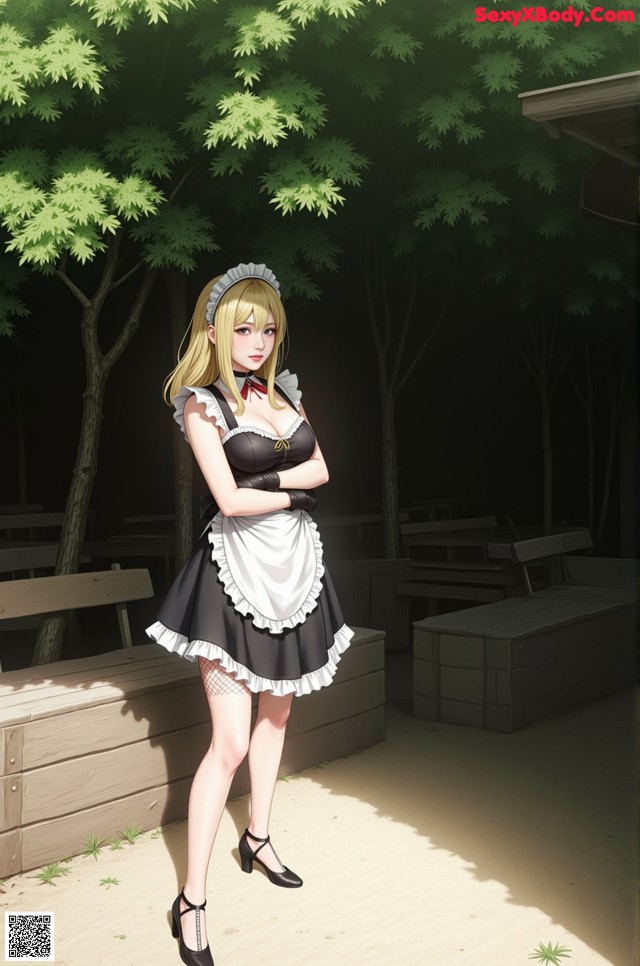 A woman in a maid outfit standing in front of a bench.